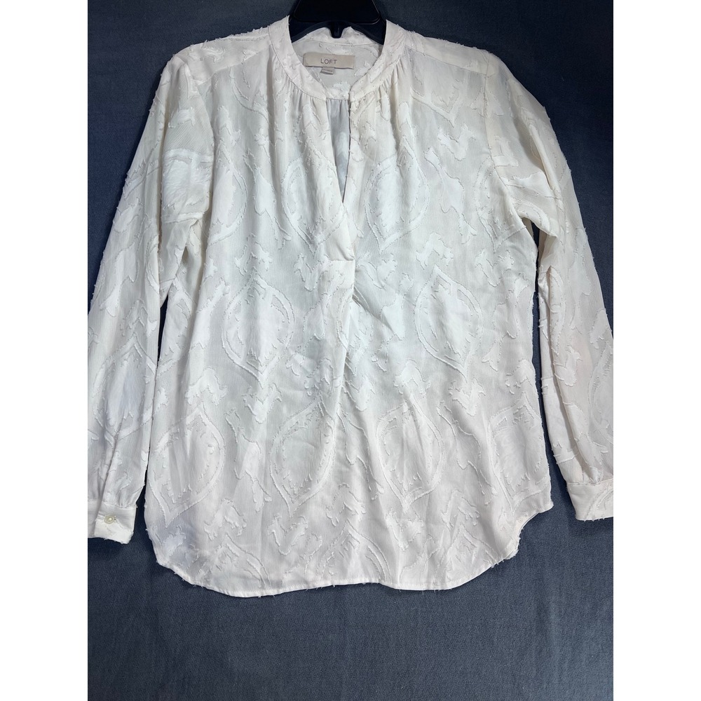 Loft Womens White Textured Clip Dot Damask V-Neck Long Sleeve Blouse Size M